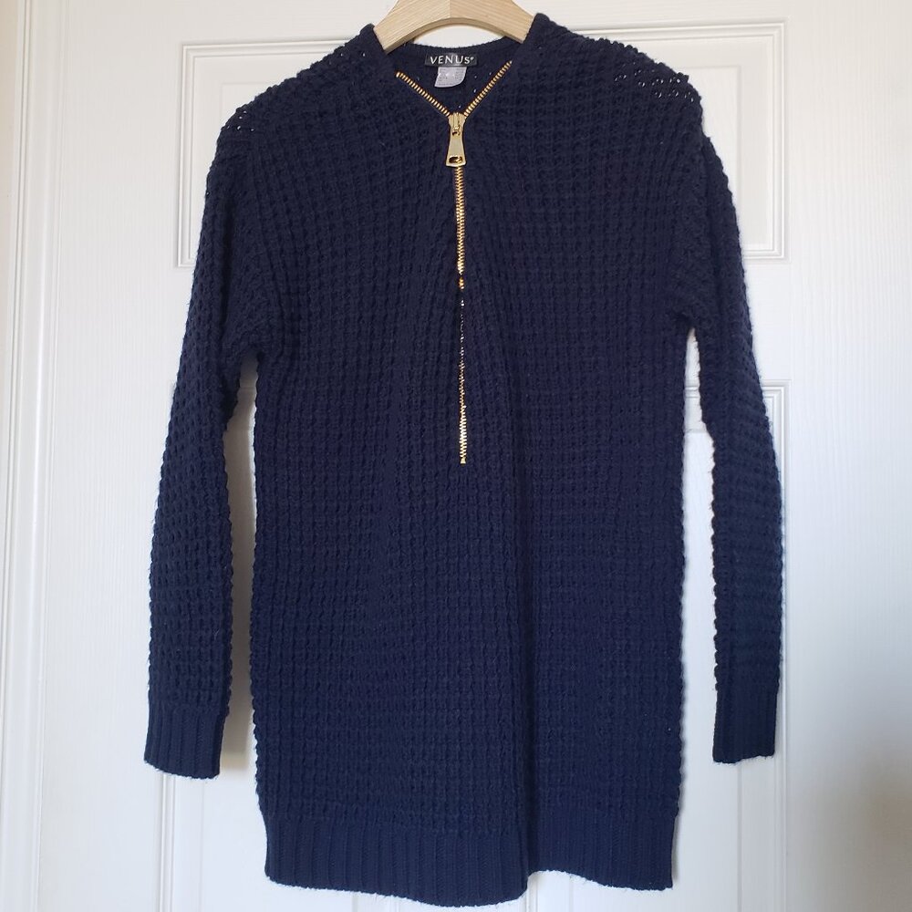 Venus Women's Navy Blue Acrylic Zip-Up Knit Sweater - Size Medium - EUC